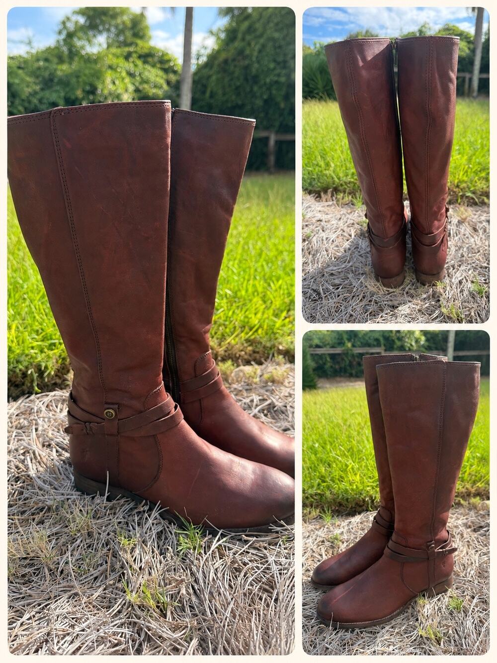 Frye Melissa Belted Tall Redwood / Brown Leather Riding Boots 7.5B Outer Banks